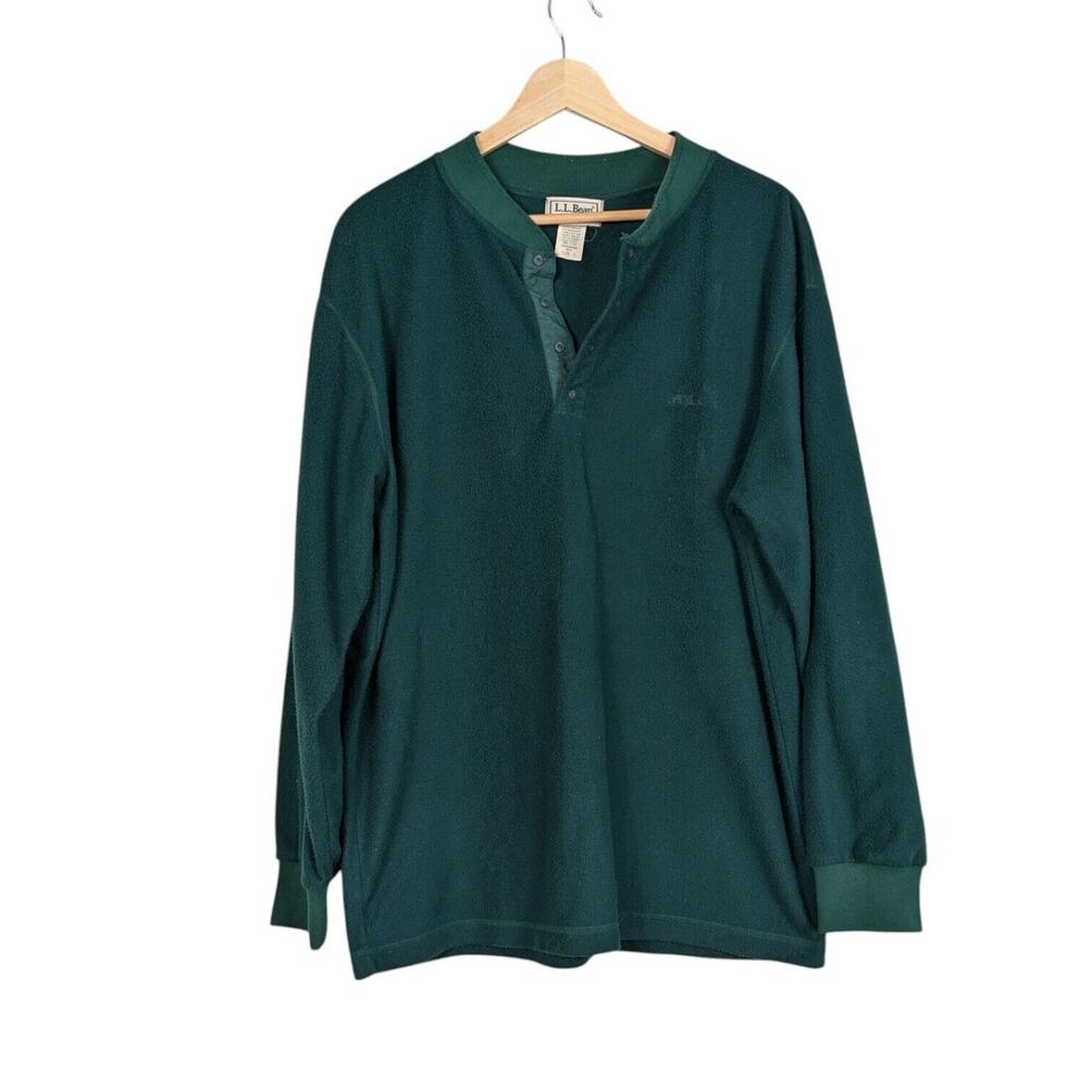 LL Bean Fleece Henley Shirt L Green Sweatshirt Pullover Vintage Preppy Snap